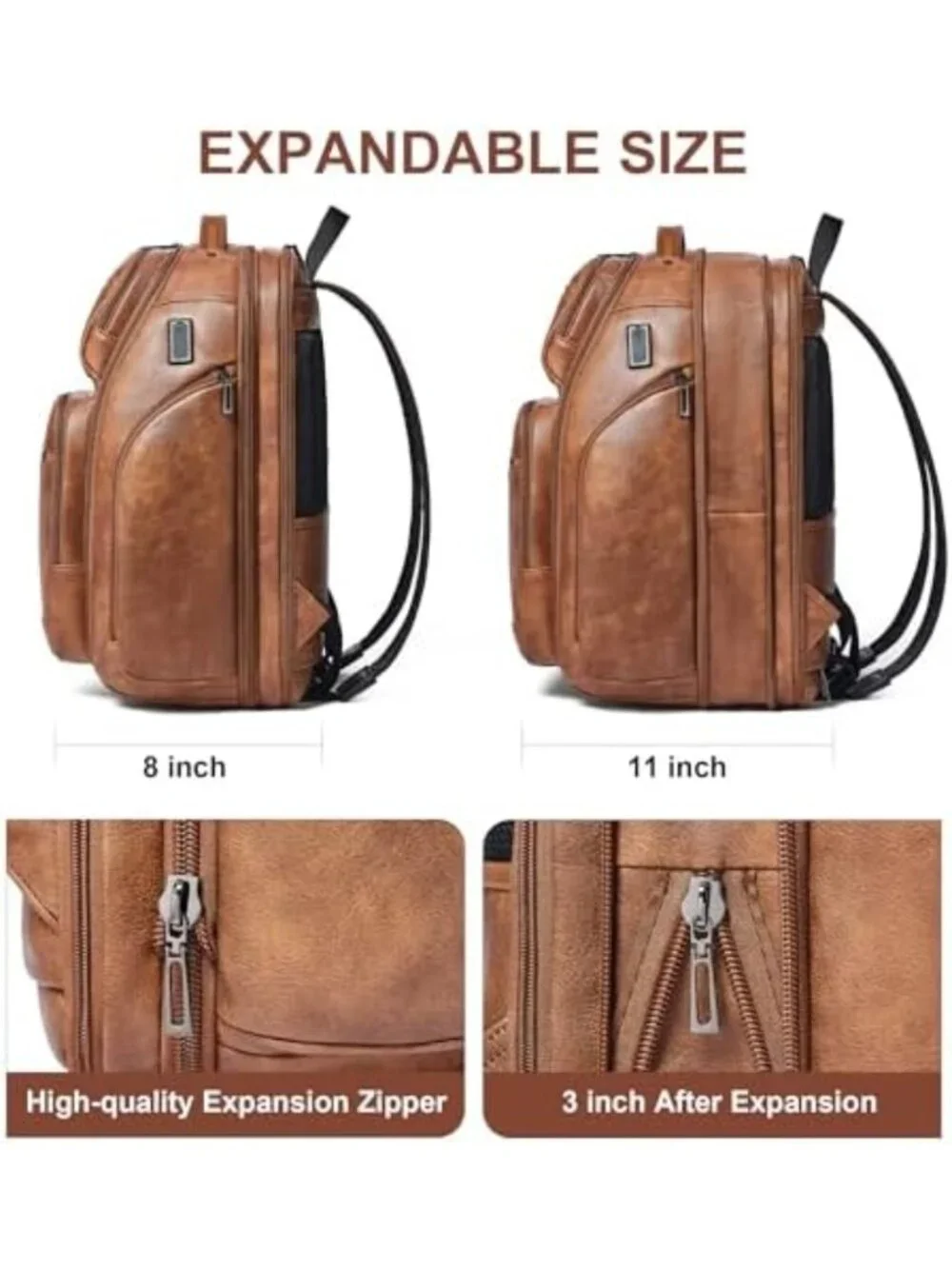 Expandable Vegan Leather Backpack, 40L Travel Bag for Laptops, USB Port, Brown
